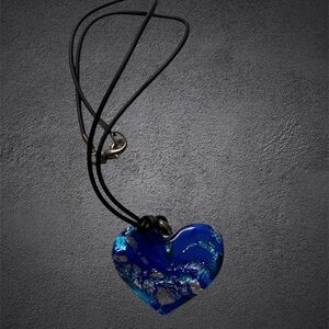 Whimsical Heart of Gold with Metallic Leaf - Blue with Black Rubber Chain NWOT